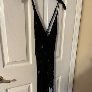 Free People Black Maxi Slip Dress with Floral Detail